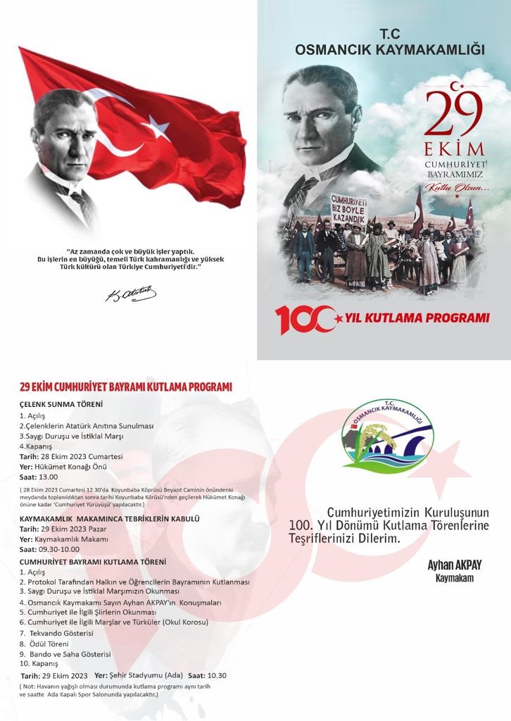 Haydi Osmancık! Cumhuriyetimizin 100. Yılını Coşku ve Gururla Hep Birlikte Kutlayalım.